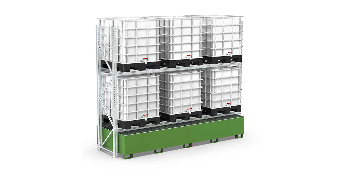 Scaffalatura 2 piani per 6 cisternette con vasca di raccolta Comi Storage