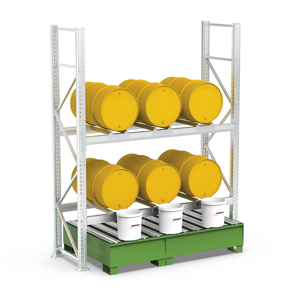 Scaffalatura 2 piani per 6 fusti con vasca di raccolta 005949 Comi Storage