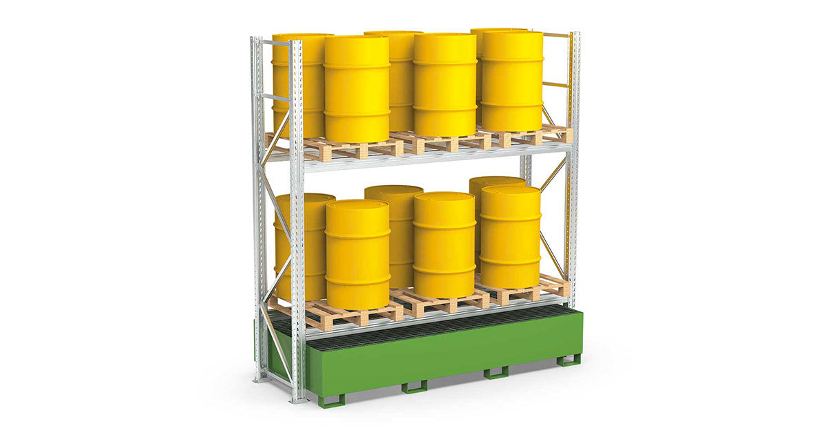 Scaffalatura 2 piani per 12 fusti con vasca di raccolta Comi Storage