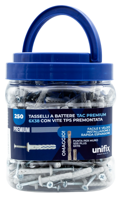 Barattolo Tasselli a Battere TAC Premium 6x38 con Vite TPS Pozidriv Premontata e Punta SDS-Plus Unifix