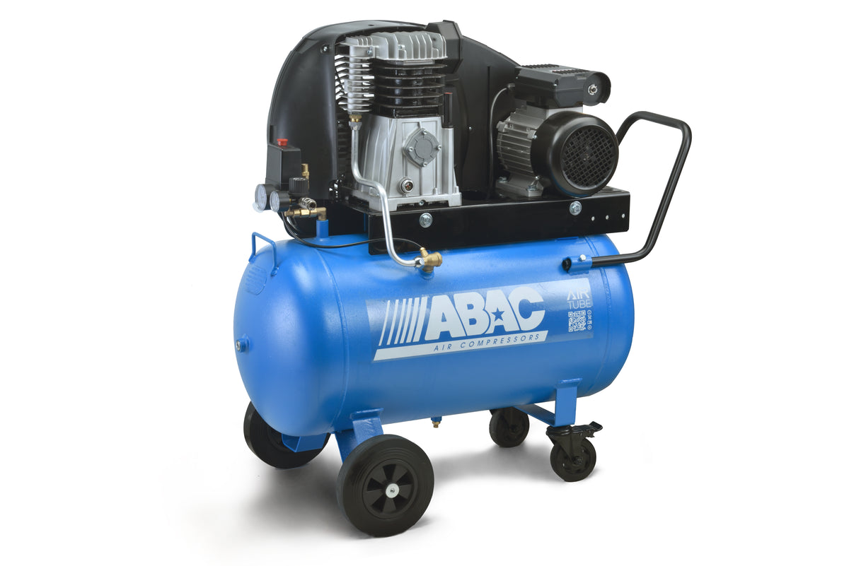 A39B 3Hp belt-driven Piston compressor, 90lt receiver-mounted, 1-phase, on wheels Abac