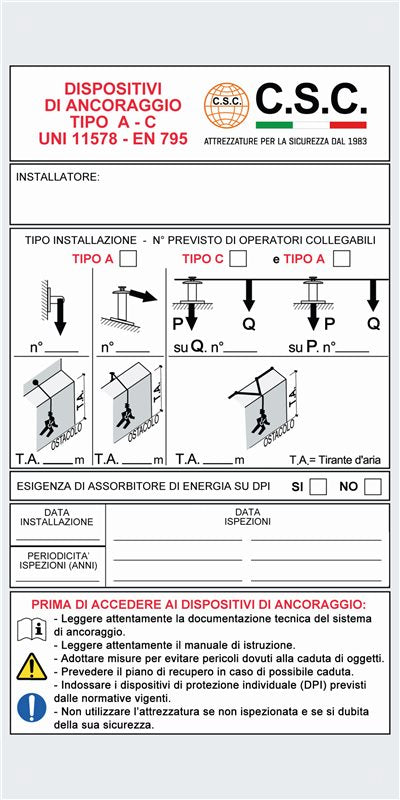 Targhetta in alluminio linea vita indeformabile 418A CSC Edilizia