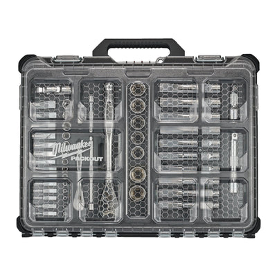Set metrico di cricchetto e bussole da 1/4'' & 1/2'' PACKOUT Organiser slim - 63 pezzi Milwaukee