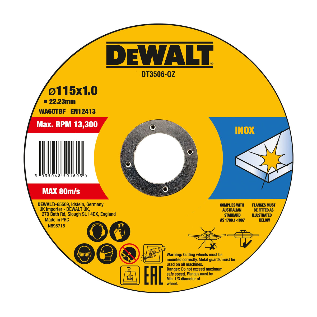 Disco de corte de 115mm x 1mm, caja de 10 unidades (display de 10 cajas) DT3506-QZ DeWalt