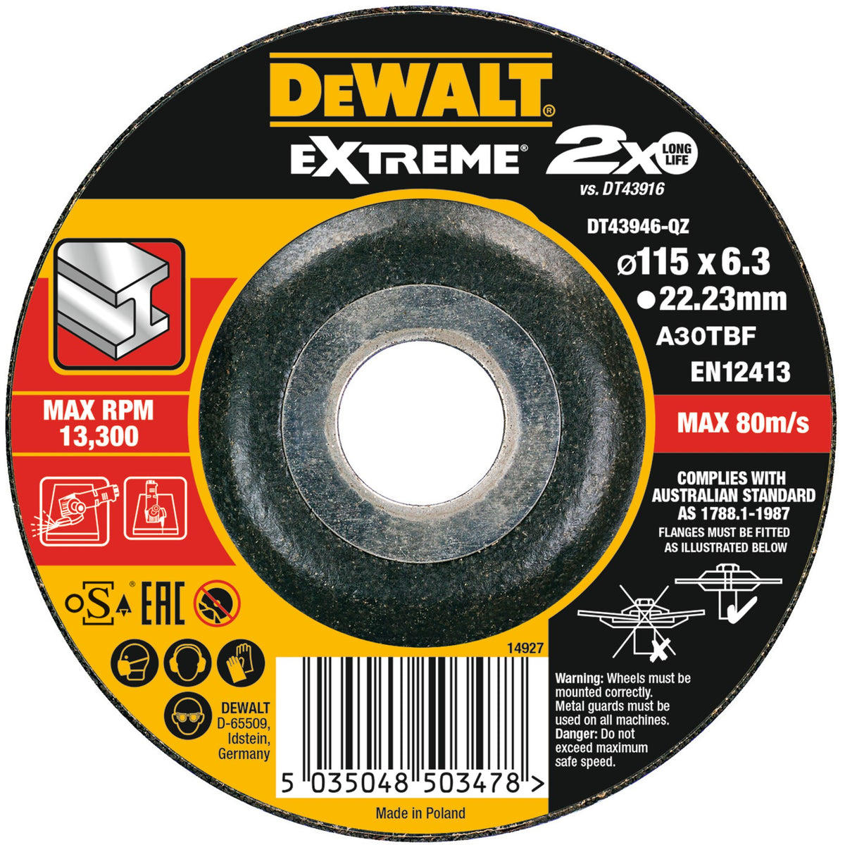 Disco Extreme legato per smerigliatura 115x6,3x22,23mm DeWalt DT43946-QZ