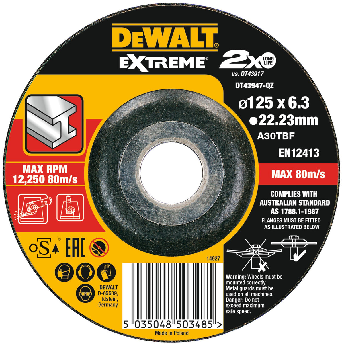 Disco Extreme legato per smerigliatura 125x6,3x22,23mm DeWalt DT43947-QZ