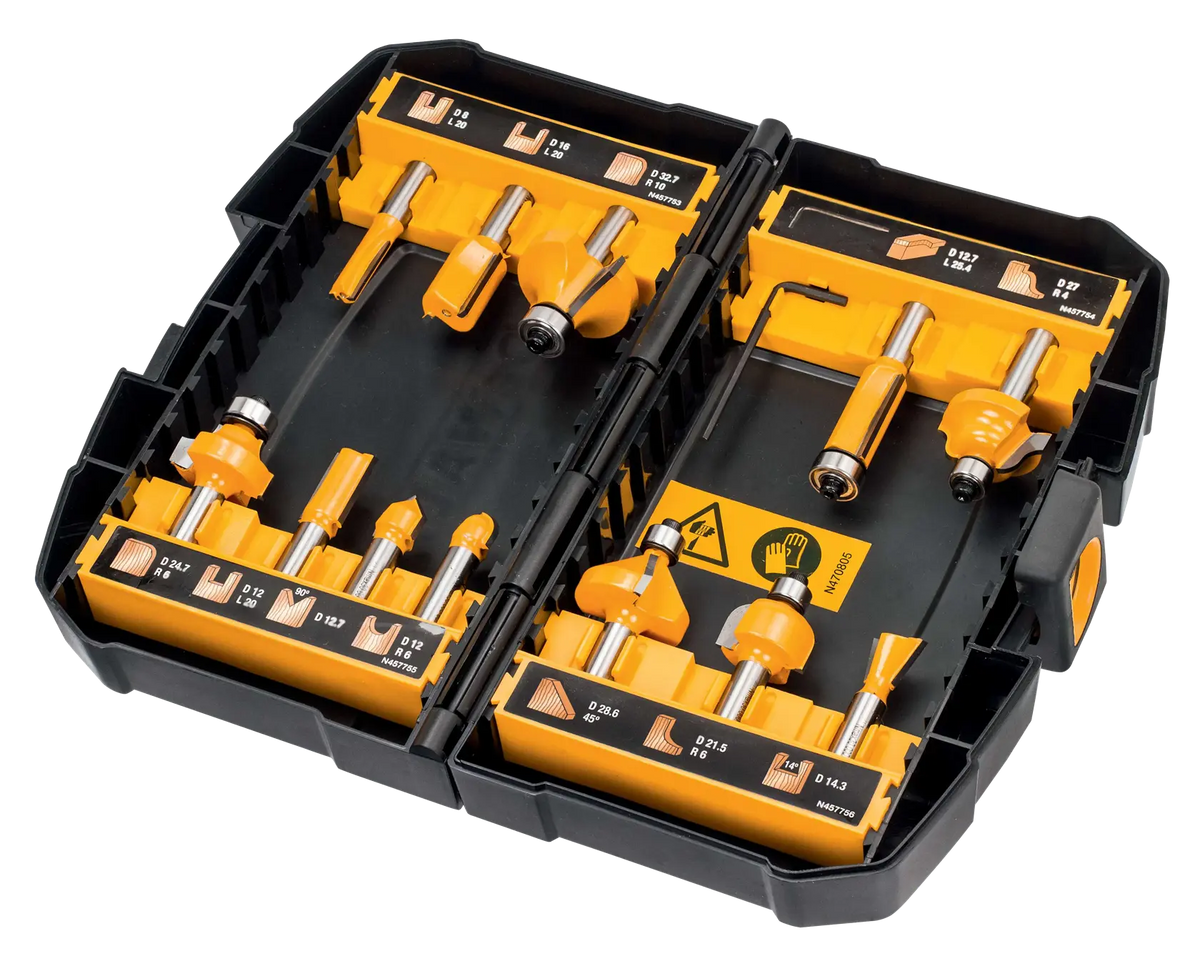 Set punte per router 12 pezzi albero 8mm con scatola DeWalt