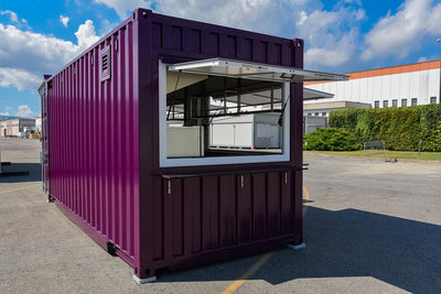Chiosco bar prefabbricato BARBOX color melanzana con apertura di servizio