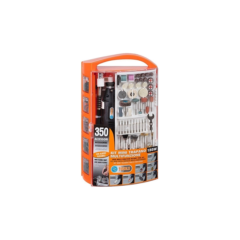 Mini trapano multifunzione 135 W con albero flessibile e 350 accessori in valigetta PG138W