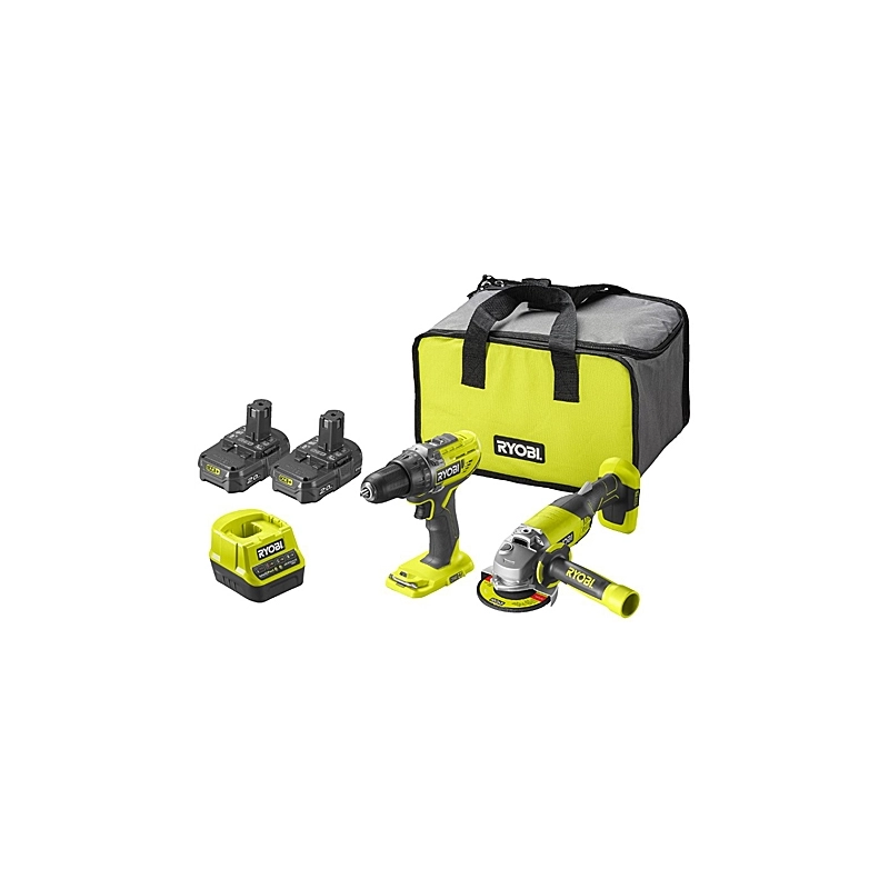 Kit trapano avvitatore R18DD3 e smerigliatrice angolare R18AG a batteria con 2 batterie 2 Ah Ryobi