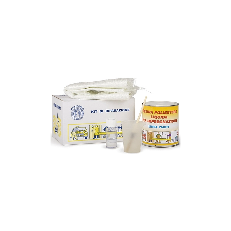 Kit per riparazioni in vetroresina con resina, catalizzatore e lana di vetro 0,2 e 0,75 l