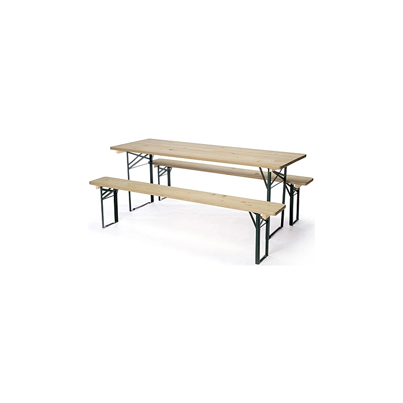 Set birreria tavolo e 2 panche pieghevoli in legno con gambe in ferro
