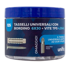 Barattolo Tasselli Universali con Bordino 6x30 e Viti TPS Pozidriv 4,5x40 con Inserto PZD2 Unifix