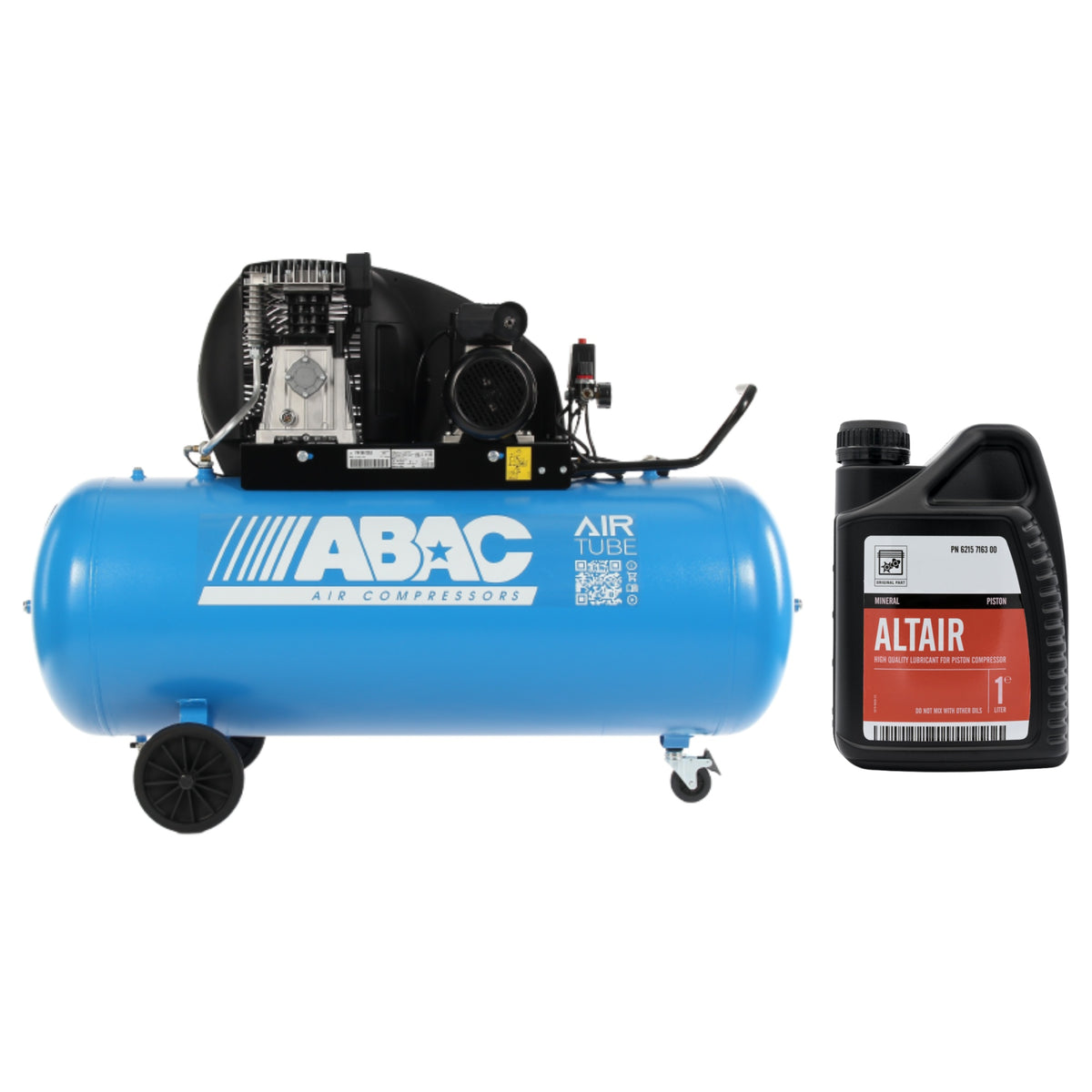 Compressore Extensive a cinghia doppio stadio A49B CT5,5 - 11Bar, carrellato, serbatoio 270lt + ALTAIR 1L olio per compressori a pistoni Abac