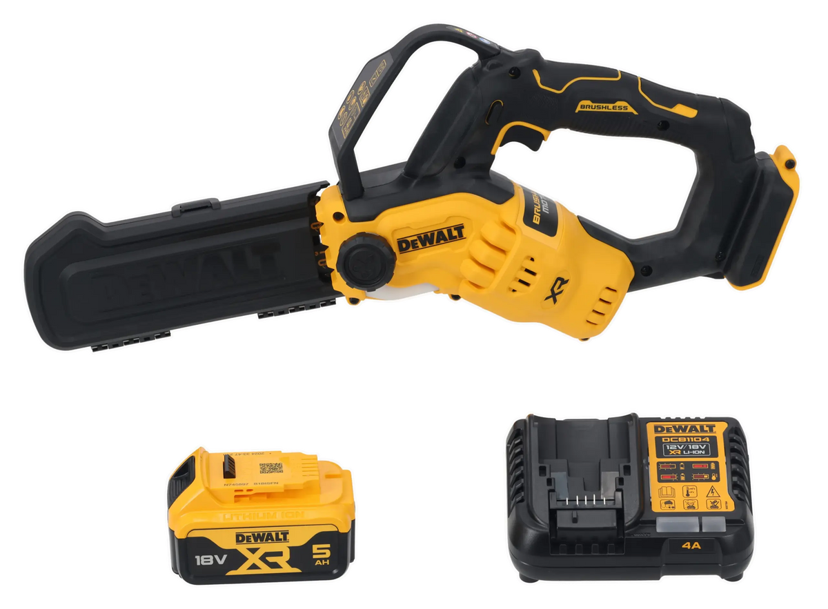 Elettrosega a catena per potatura 20 cm XR 18V motore BRUSHLESS, lunghezza barra 20 cm,: 1 batteria XR 18V 5Ah, caricabatterie, coprilama, DeWalt