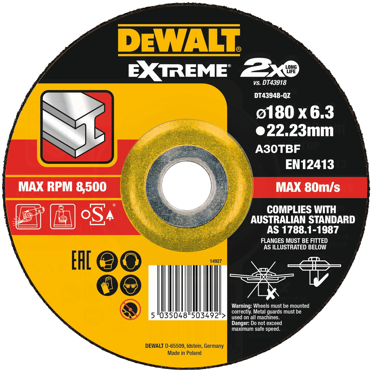Disco Extreme legato per rettifica 180x6,3x22,23mm DeWalt DT43948-QZ