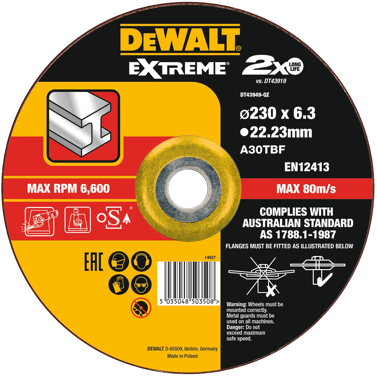 Disco Extreme legato per smerigliatura 230x6,3x22,23mm DeWalt DT43949-QZ