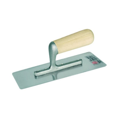 Stainless steel finishing trowel, welded, mirror polished lower blade surface, trapezoidal, lapped, wooden handle — 825/I Pavan